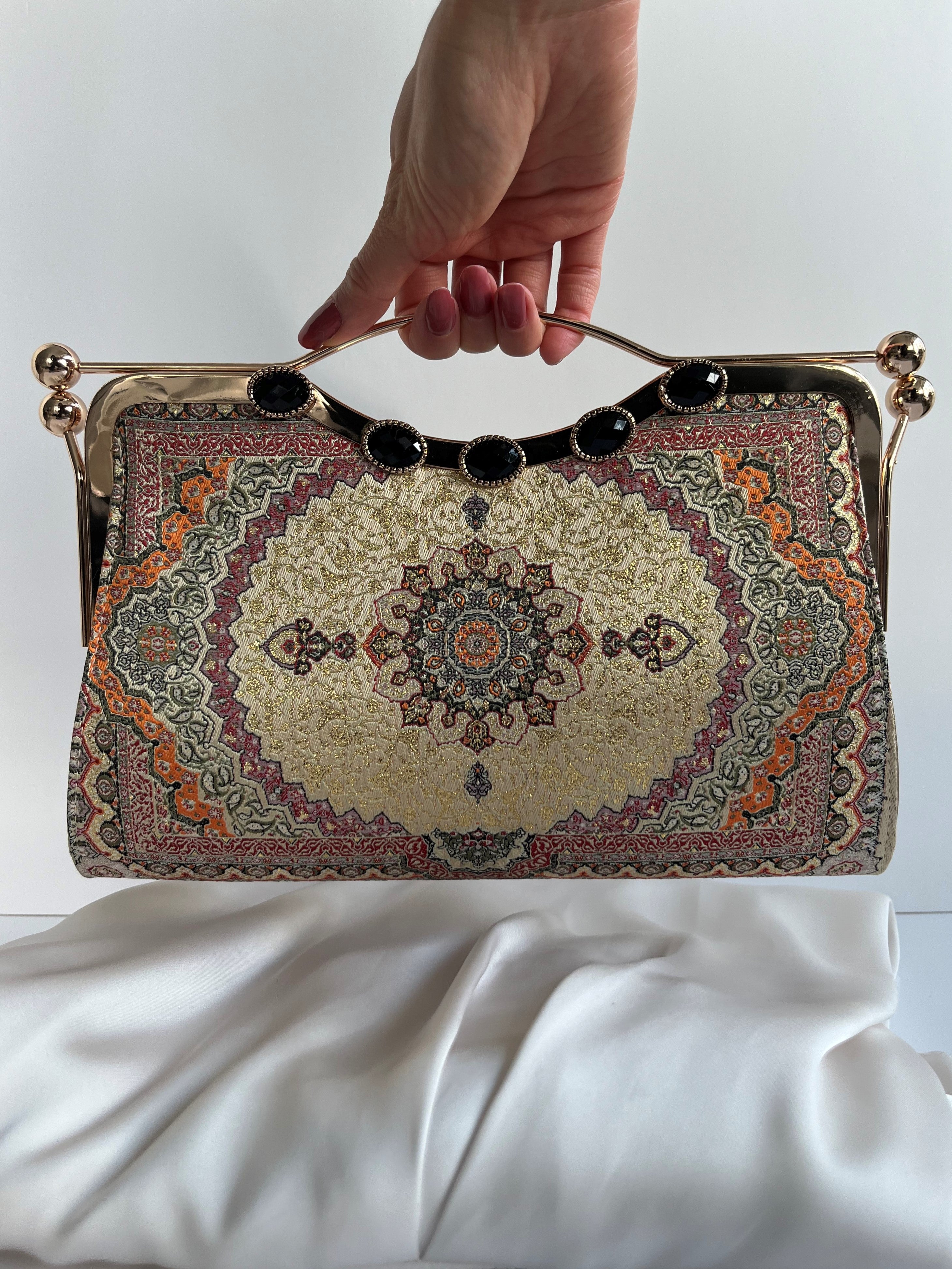 Tapestry and Bead Clutch Bag